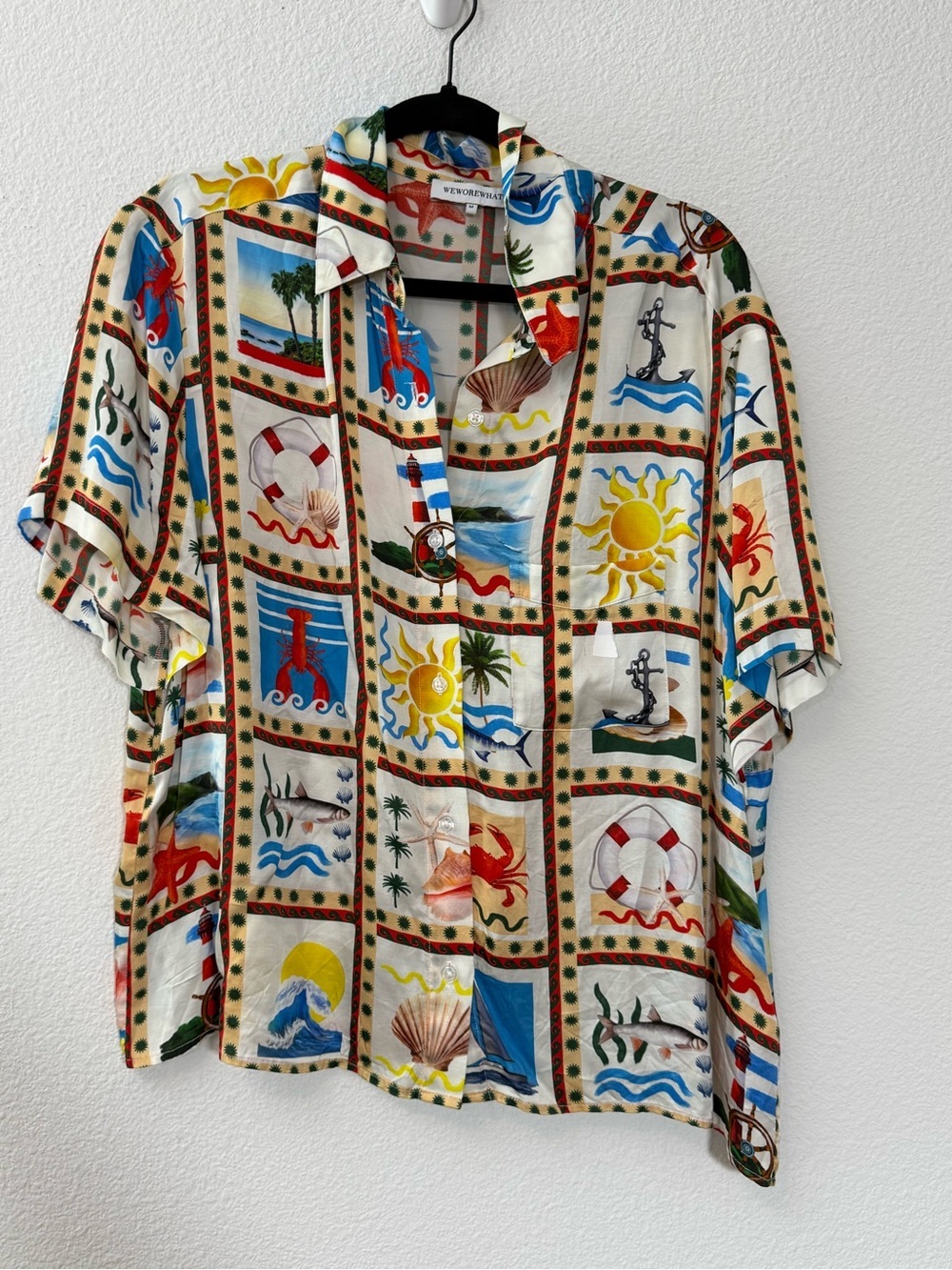 WeWoreWhat Nautical Coastal Print Button Up Shirt Beach Vacation Resort Camp Top